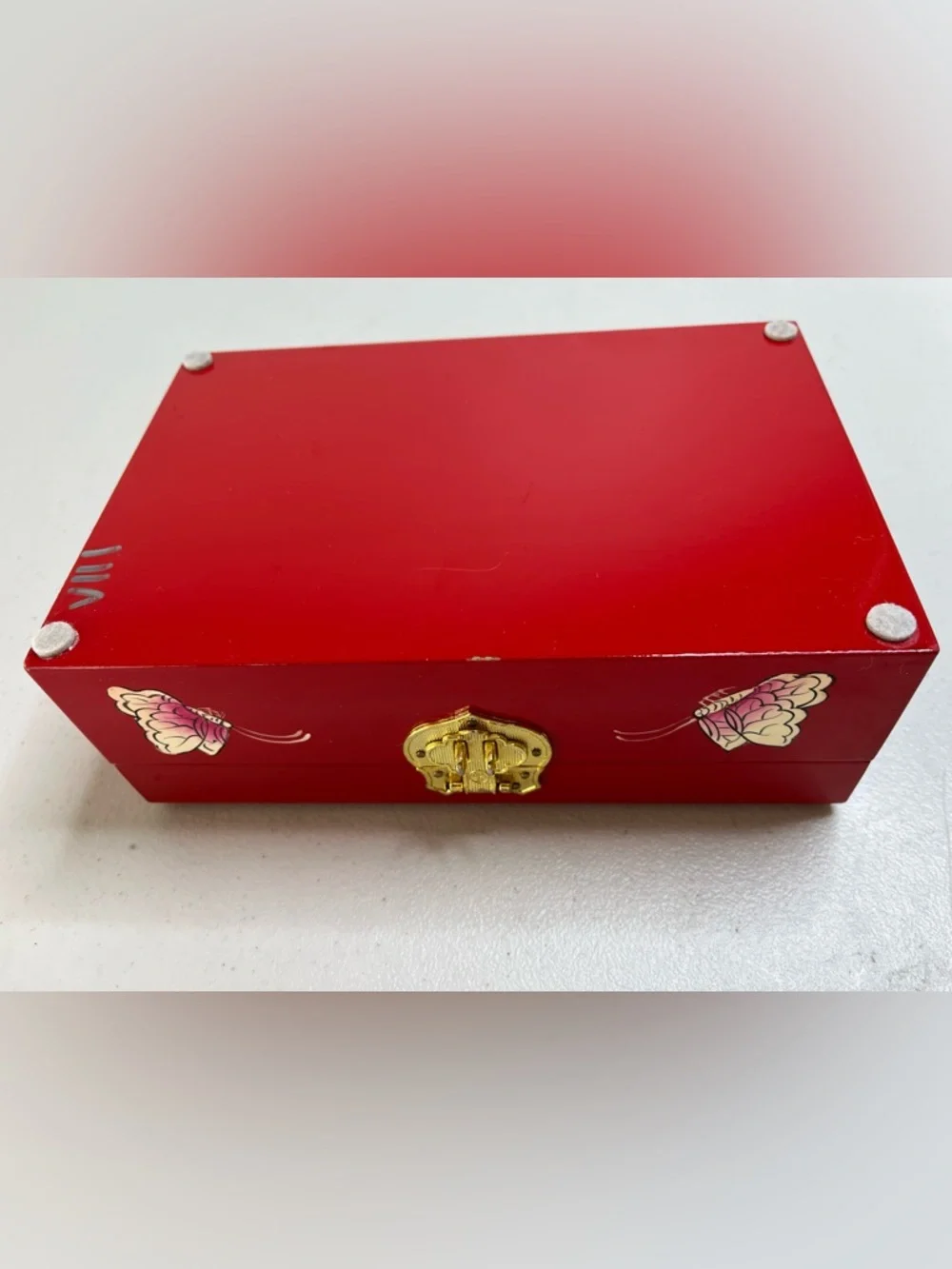 Red Vintage Wooden Jewelry Storage Box with Hand-Painted Floral Design